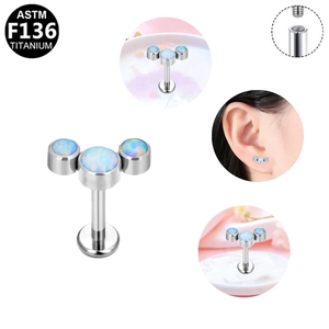 ASTM F136 Titanium internal thread piercing with triple opal curved stones layout