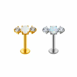 F136 titanium labret studs featuring opal and zircon stones in silver and gold finishes