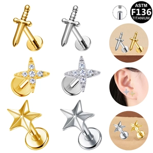 Professional ASTM F136 Titanium Alloy Sword Star Piercing Jewelry Internally Threaded Flat Back Ear Cartilage Lip Stud
