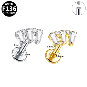ASTM F136 titanium fan-shaped labret stud with zircon stones in silver and gold colors