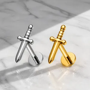 F136 titanium sword shape internal thread stud earrings in gold and silver finish