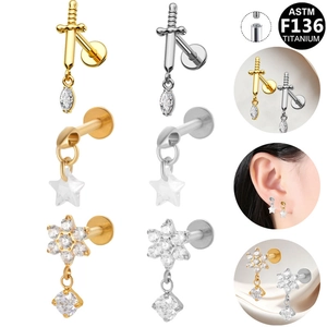 ASTM F136 Titanium Zwaard Ster Bloem Labret Oorknopje Intern Schroefdraad Zirkonia Hanger Piercing Sieraden Voor Vrouwen Mannen