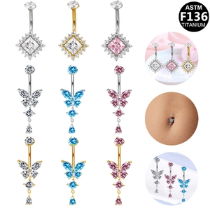ASTM F136 Titanium Internally Threaded Belly Button Ring Butterfly Square Zirconia Inlaid Sexy Body Piercing Jewelry For Women