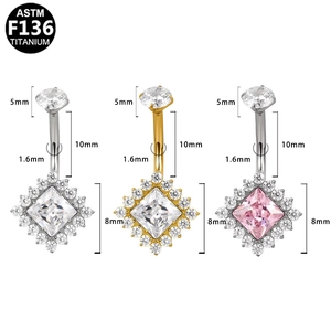 G23 titanium navel ring set with zircon butterfly and square dangling pendant charm