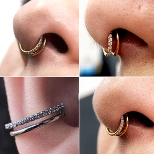 F136 titanium double hoop septum ring with cubic zirconia for nose and ear piercing