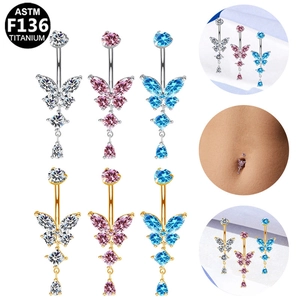 ASTM F136 titanium butterfly belly button ring with sparkling zircon dangles