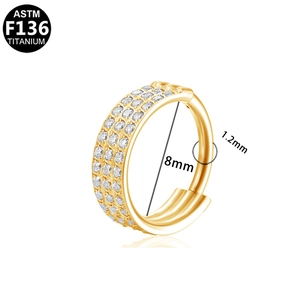 ASTM F136 titanium gold hinged ring with three rows of clear zircon for nose or ear
