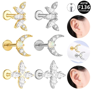 ASTM F136 Titanium Maan Bloem Kruis Oorknopjes Intern Schroefdraad Strass Kunstmatige Opaal Labret Piercing Sieraden
