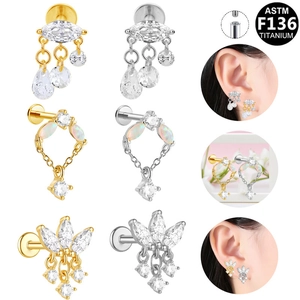 Pendientes de Piercing Labret de Titanio ASTM F136 Rosca Interna Marquesa Strass Ópalo Colgante Borla Joyería