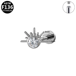 Technisch beeld van F136 titanium labret-stud met zonnestraal-ontwerp en 8 mm schroefdraad