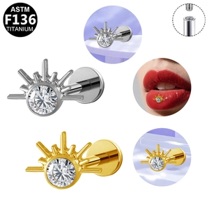 Macro-opname van ASTM F136 titanium labret met interne schroefdraad en zirkonia steen