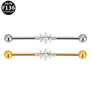 Detailopname van de F136 titanium industriële barbell met zirkoon in goud en zilver