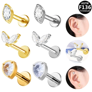 ASTM F136 Titanium Marquise Zirconia Labret Stud Earrings For Women Men Gold Silver Body Piercing Jewelry Heart Teardrop Leaf