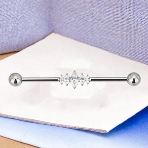 Industriële barbell met vijf marquise-geslepen zirkonia's in zilver roestvrij staal