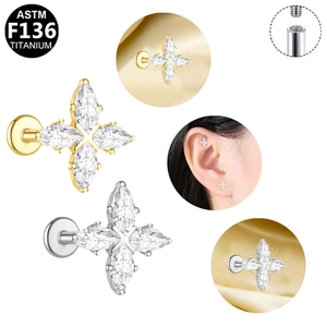 F136 titanium bloem oorknopjes met marquise kristallen en interne schroefdraad