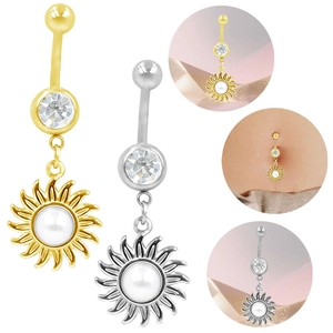 Détails de piercings de nombril en forme de soleil avec perles et pierres de zircone