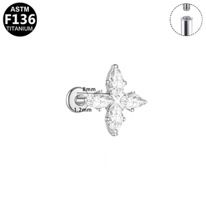 Detail van F136 titanium labret met interne schroefdraad en zirkoniasteen