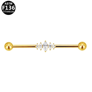 ASTM F136 titanium industriële barbell met marquise zirkonia en goudkleur