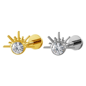 F136 titanium labret piercing set met zonnestraal design en sprankelende zirkonia steen