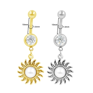 Piercing de nombril en acier inoxydable soleil et perle blanche, coloris or et argent