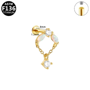 Piercing labret de titanio F136 dorado con flor de opalo marquise y colgante de cadena