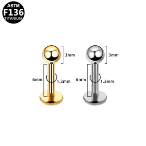 F136 titanium piercing studs dimensions showing 3mm ball and 6mm length in gold and silver