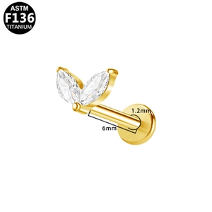 ASTM F136 titanium gold labret stud with marquise zircon stones for ear cartilage piercing