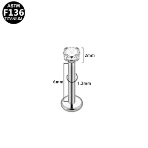 ASTM F136 titanium ear stud with 2mm zircon gemstone and flat back piercing design