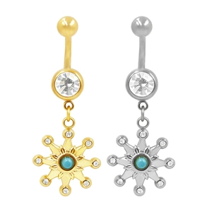 Piercings de nombril en acier inoxydable avec pendentifs soleil turquoise or et argent