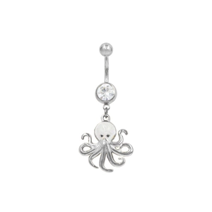Détail macro du piercing de nombril poulpe avec émail blanc et pierre de zircon
