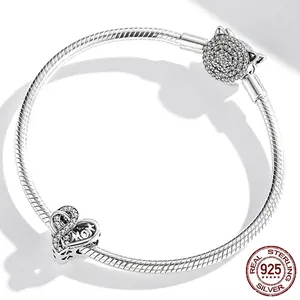 S925 sterling silver snake chain bracelet with MOM heart charm and zircon pavé cat clasp
