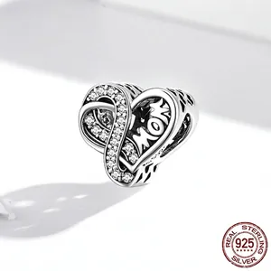 925 sterling silver heart charm with MOM engraving and white zircon stones for DIY bracelets