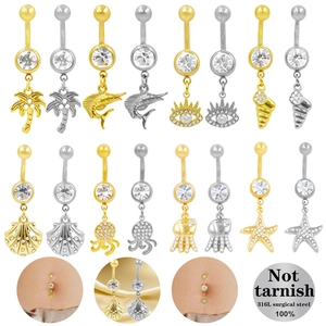 Stainless Steel Belly Ring 316L Surgical Steel Zirconia Marine Coconut Tree Starfish Conch Pendant Piercing Jewelry Women