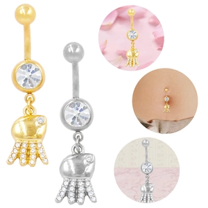 Detail view of jellyfish belly rings in gold and silver with sparkling zircon stones