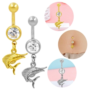 Detail view of sailfish belly button rings in gold and silver with clear cubic zirconia