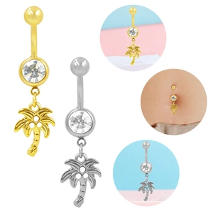 Detailed view of tropical coconut tree belly rings in gold and silver with zircon