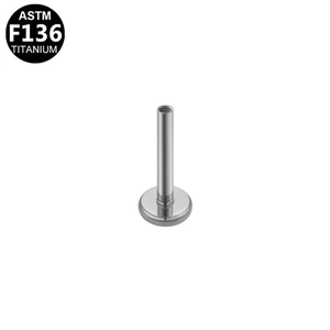 Detail view of ASTM F136 titanium labret post with internal threading and flat back base