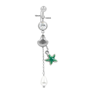 Dettaglio piercing ombelico in acciaio 1,6mm con pendenti conchiglia e perla