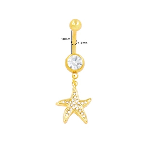 Detail of gold starfish belly ring with AAA zircon inlay on 316L surgical steel
