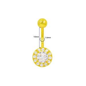 Detalle de piercing de ombligo dorado de 1,6 mm con diseño floral y circón gota