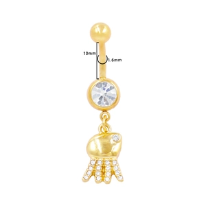 Golden stainless steel belly button ring with large white rhinestone and octopus pendant