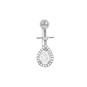 Detalle de piercing de ombligo con circonita en forma de gota y medidas de 10mm de largo y 1.6mm