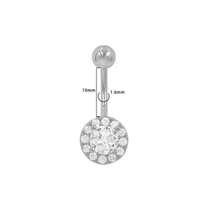 Detalle que muestra dimensiones del piercing de ombligo plateado con colgante de circón
