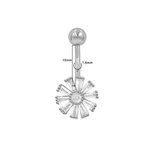 Detalle de piercing de ombligo de margarita con circonitas y barra de 1.6mm de grosor