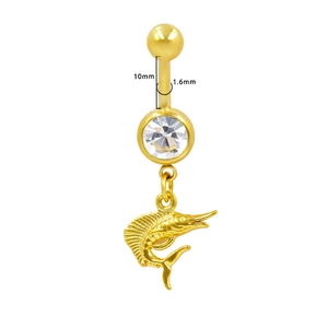 Detailed view of golden stainless steel navel ring with fish pendant and 10mm post