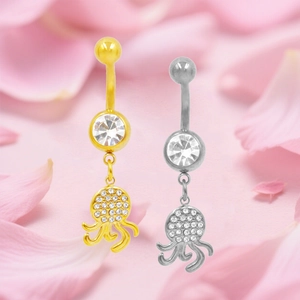 Polished stainless steel belly rings with zircon and octopus charm in gold and silver