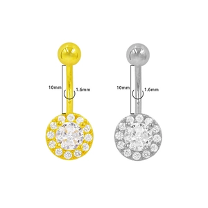 Detalle de piercings de ombligo de 1,6mm con circonitas redondas en acabado oro y plata