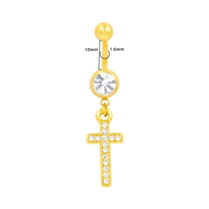 Dettaglio piercing ombelico in acciaio dorato con pendente a croce e cristalli luminosi