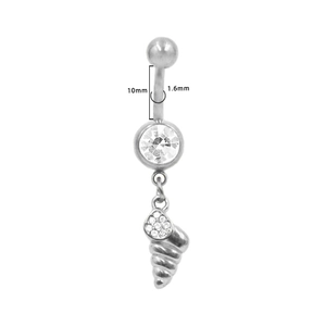 Detail of stainless steel belly button ring featuring a conch shell pendant and white crystals