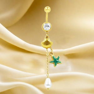 Piercing ombelico dorato con conchiglia, stella marina, perla bianca e pietra zircone